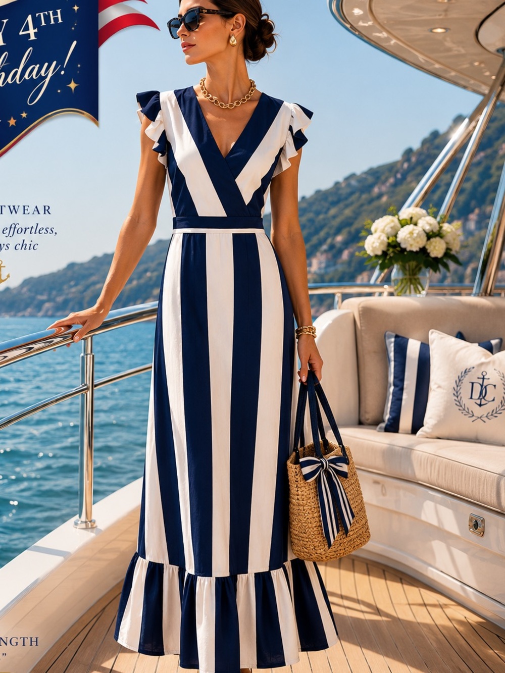 New York & Co.,YachtWear Navy/White Striped Flounce Dress,Flutter Sleeves,Size S - Picture 6 of 9
